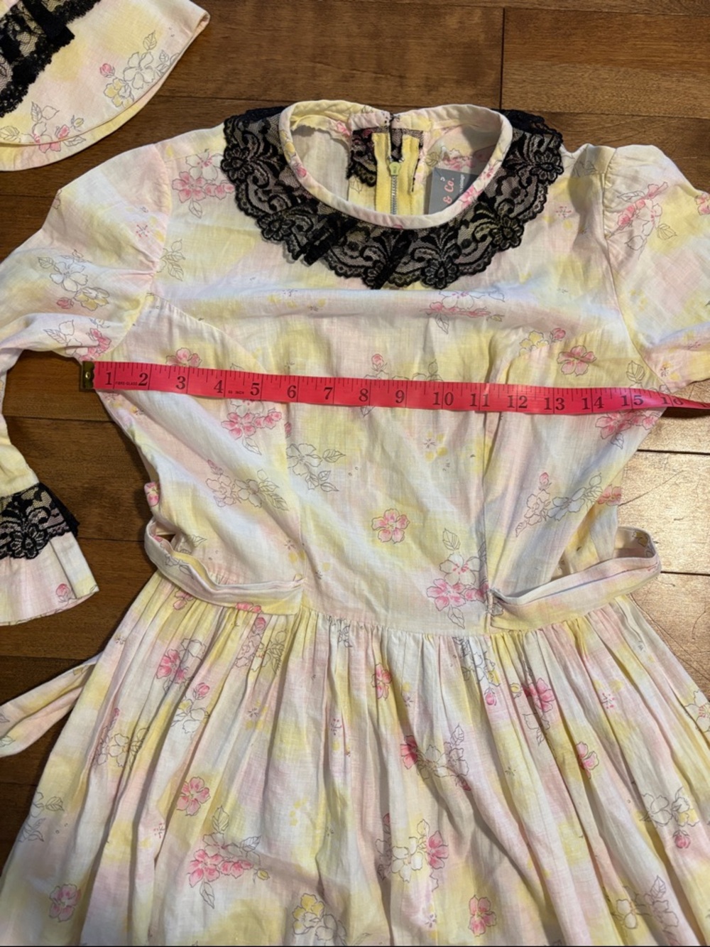 Floral Lace-Trim Cotton Dress with Matching Bonnet - White, Pink & Yellow - Picture 6 of 10